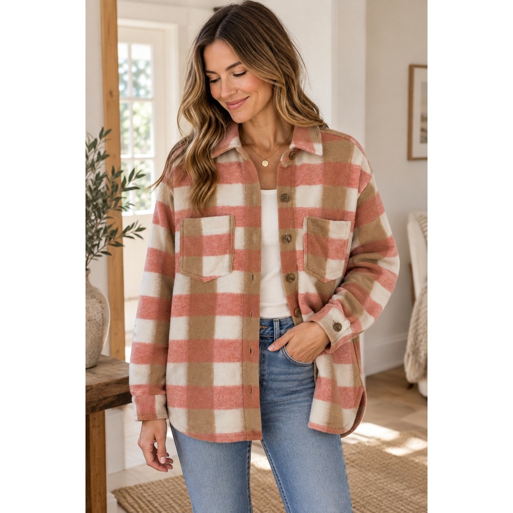 NWT!‎ Sonoma Goods For Life Womens Plaid Sherpa Shacket Shirt Jacket S Coral Tan
